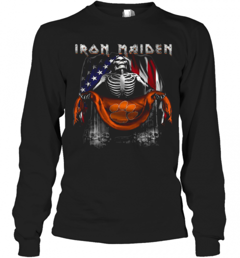 Skeleton Iron Maiden Clemson Tiger Logo American Flag Independence Day T-Shirt Long Sleeved T-shirt 