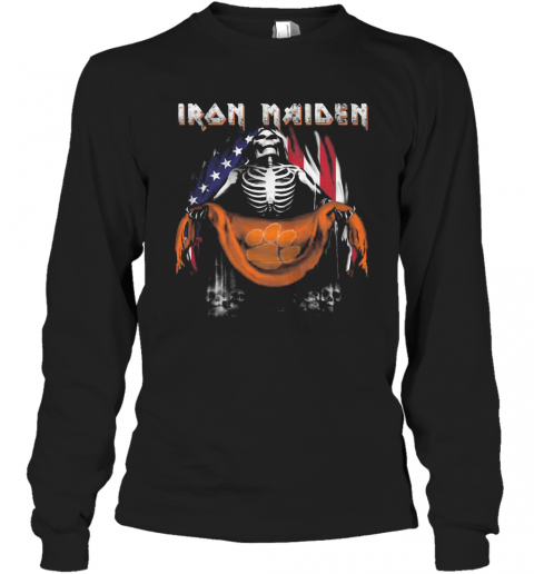 Skeleton Iron Maiden Clemson Tigers Logo American Flag Independence Day T-Shirt Long Sleeved T-shirt 