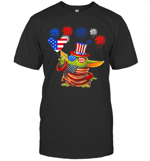 Star Wars Baby Yoda Holding Balloon Mickey Mouse Firework American Flag Independence Day T-Shirt