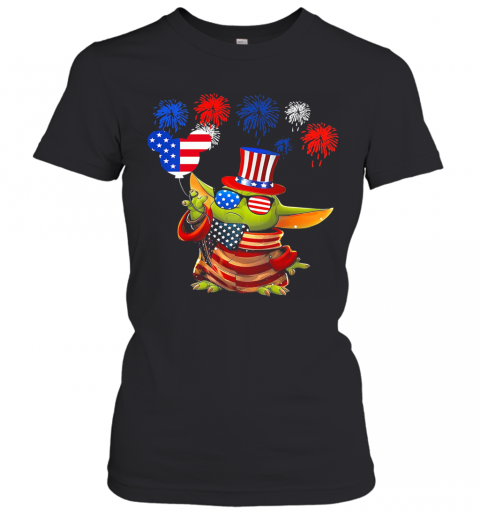 Star Wars Baby Yoda Holding Balloon Mickey Mouse Firework American Flag Independence Day T-Shirt Classic Women's T-shirt