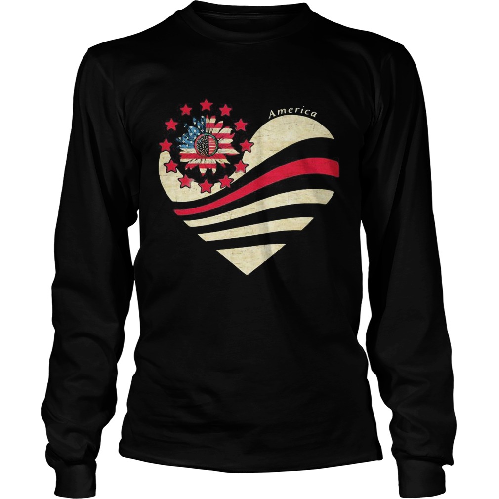 Sunflower Heart American Flag Independence Day Long Sleeve
