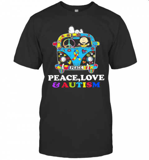 Hippie Bus Snoopy And Charlie Brown Peace Love And Autism T-Shirt