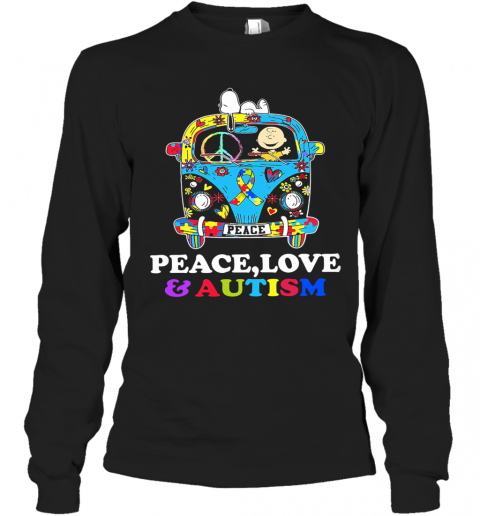 Hippie Bus Snoopy And Charlie Brown Peace Love And Autism T-Shirt Long Sleeved T-shirt 