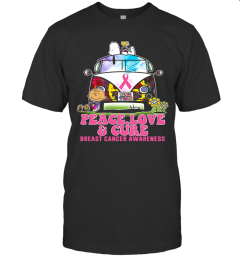 Hippie Bus Snoopy And Charlie Brown Peace Love And Cure Breast Cancer Awareness T-Shirt
