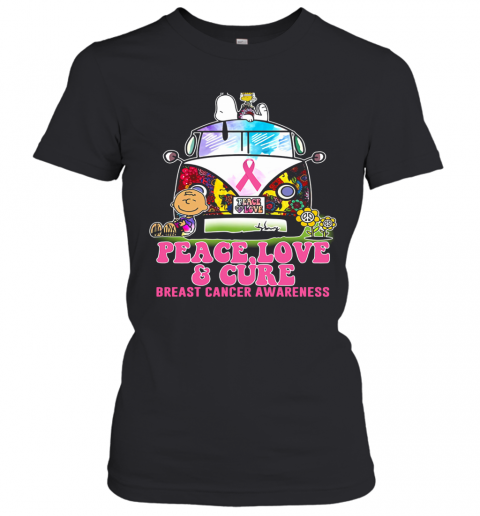 Hippie Bus Snoopy And Charlie Brown Peace Love And Cure Breast Cancer Awareness T-Shirt Classic Women's T-shirt