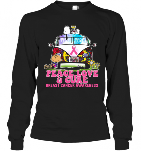 Hippie Bus Snoopy And Charlie Brown Peace Love And Cure Breast Cancer Awareness T-Shirt Long Sleeved T-shirt 