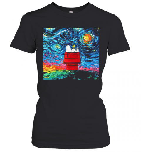 Snoopy And Woodstock Peanuts Cartoon Starry Night Print T-Shirt Classic Women's T-shirt