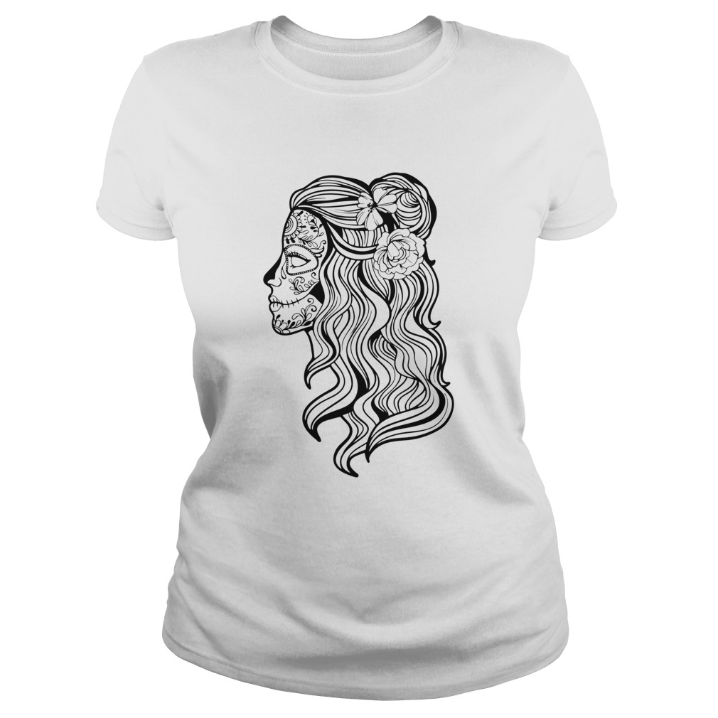 Black And White Beautiful Woman Skull With Smooth Hair Da De Los Muertos Classic Ladies