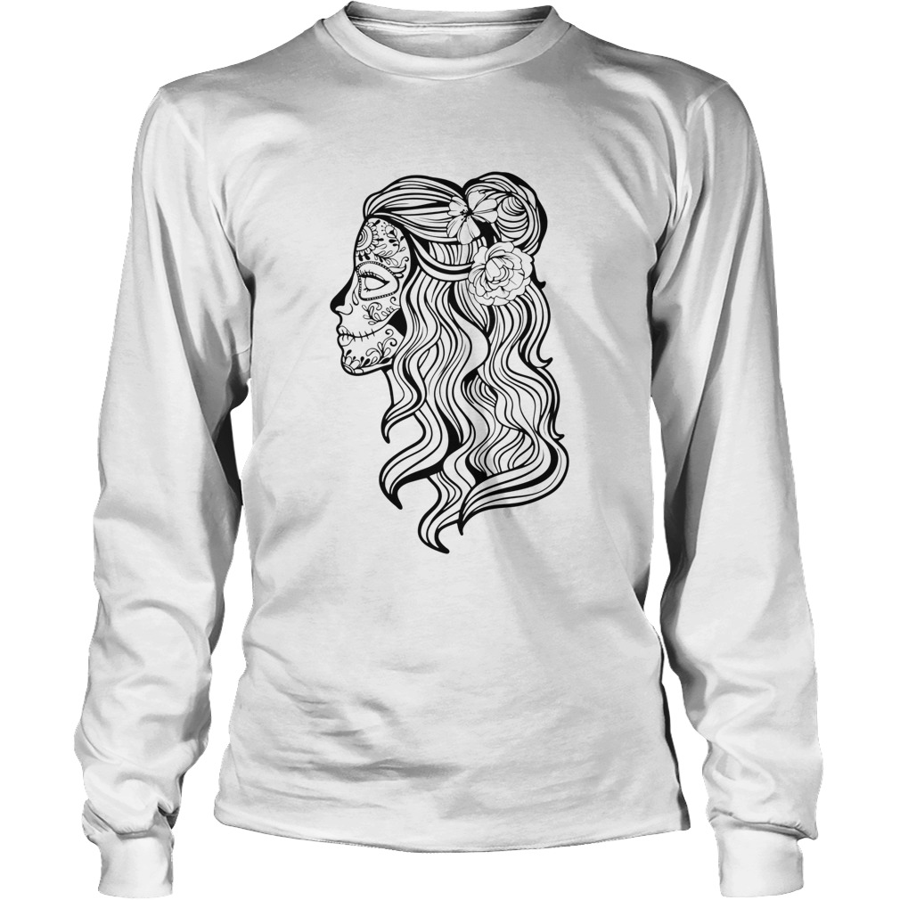 Black And White Beautiful Woman Skull With Smooth Hair Da De Los Muertos Long Sleeve