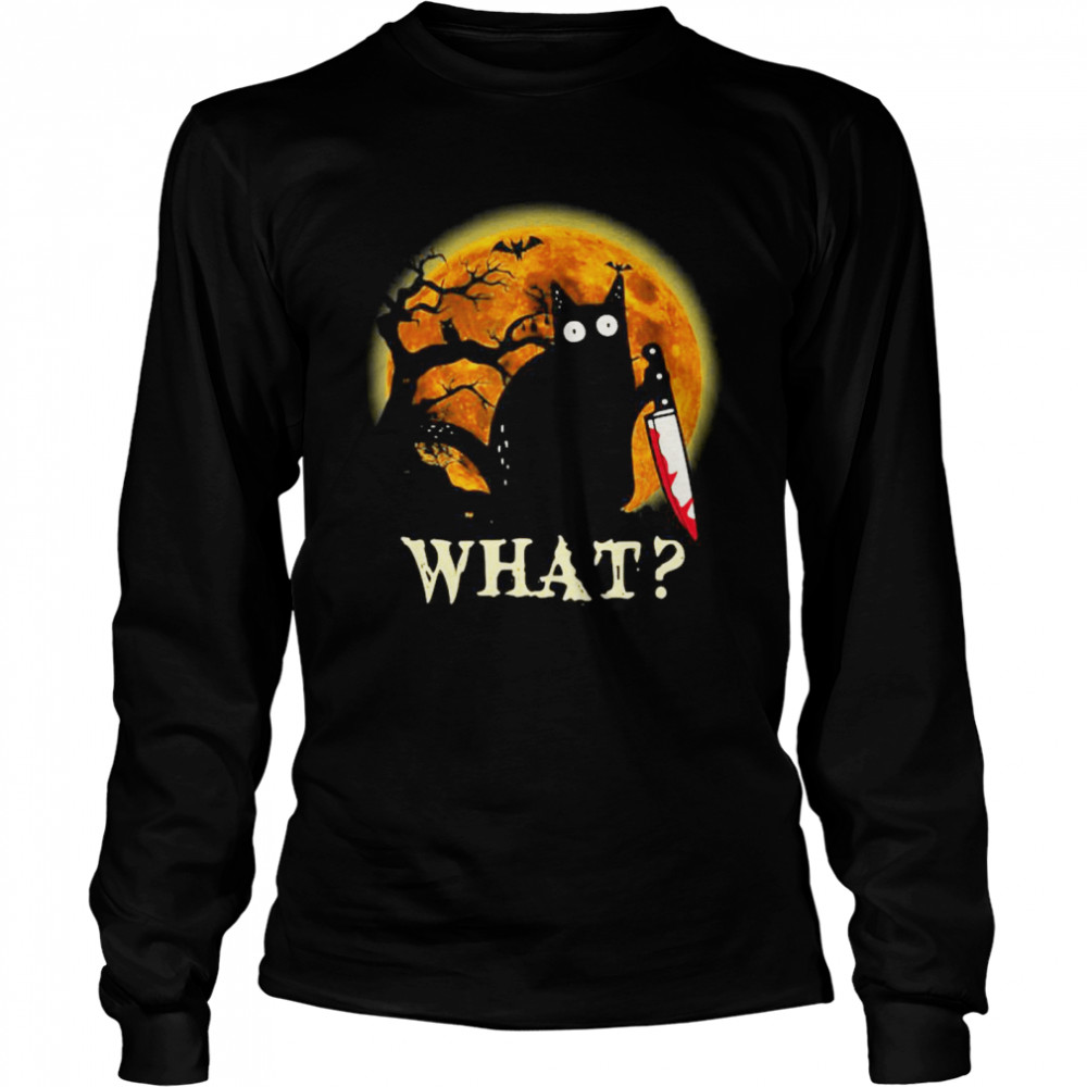 Black Cat What Murderous With Knife Halloween Long Sleeved T-shirt