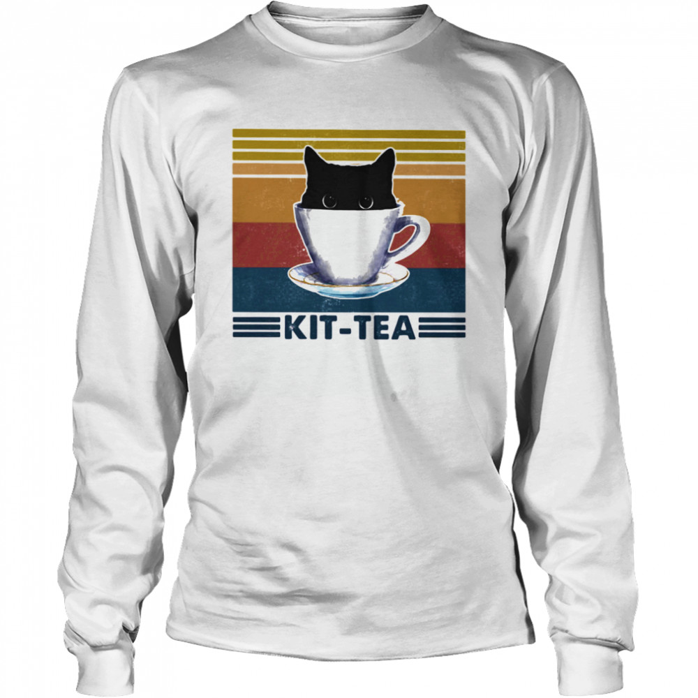 Black cat kit tea vintage retro Long Sleeved T-shirt