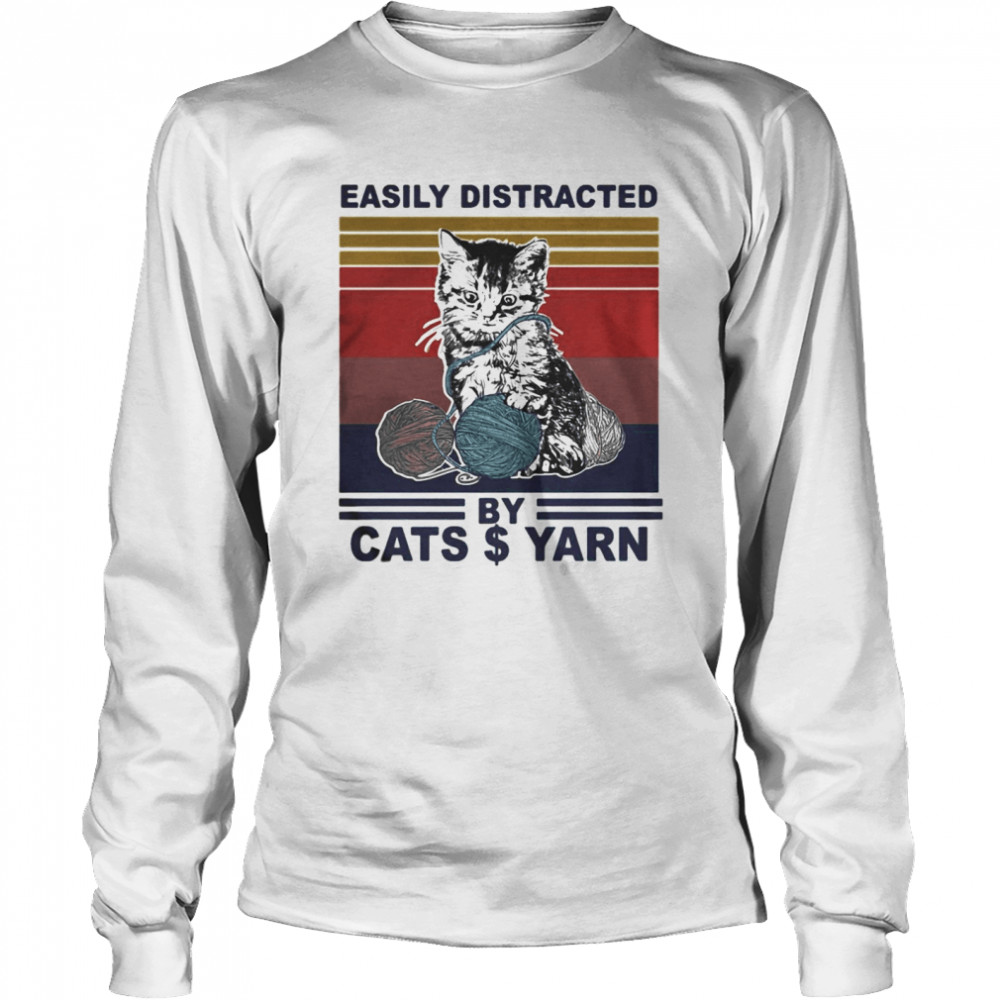 Easily Distracted By Cats And Yarn Vintage Retro Long Sleeved T-shirt