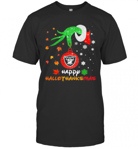Grinch Holding Las Vegas Raiders Logo Happy Hallothanksmas Halloween Thanksgiving Christmas T-Shirt