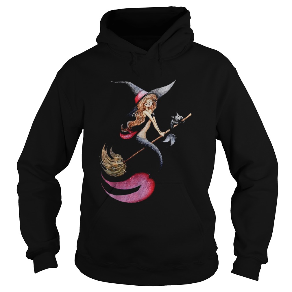 Halloween Witch Mermaid Is Riding A Broom WIth Her Cat Hoodie