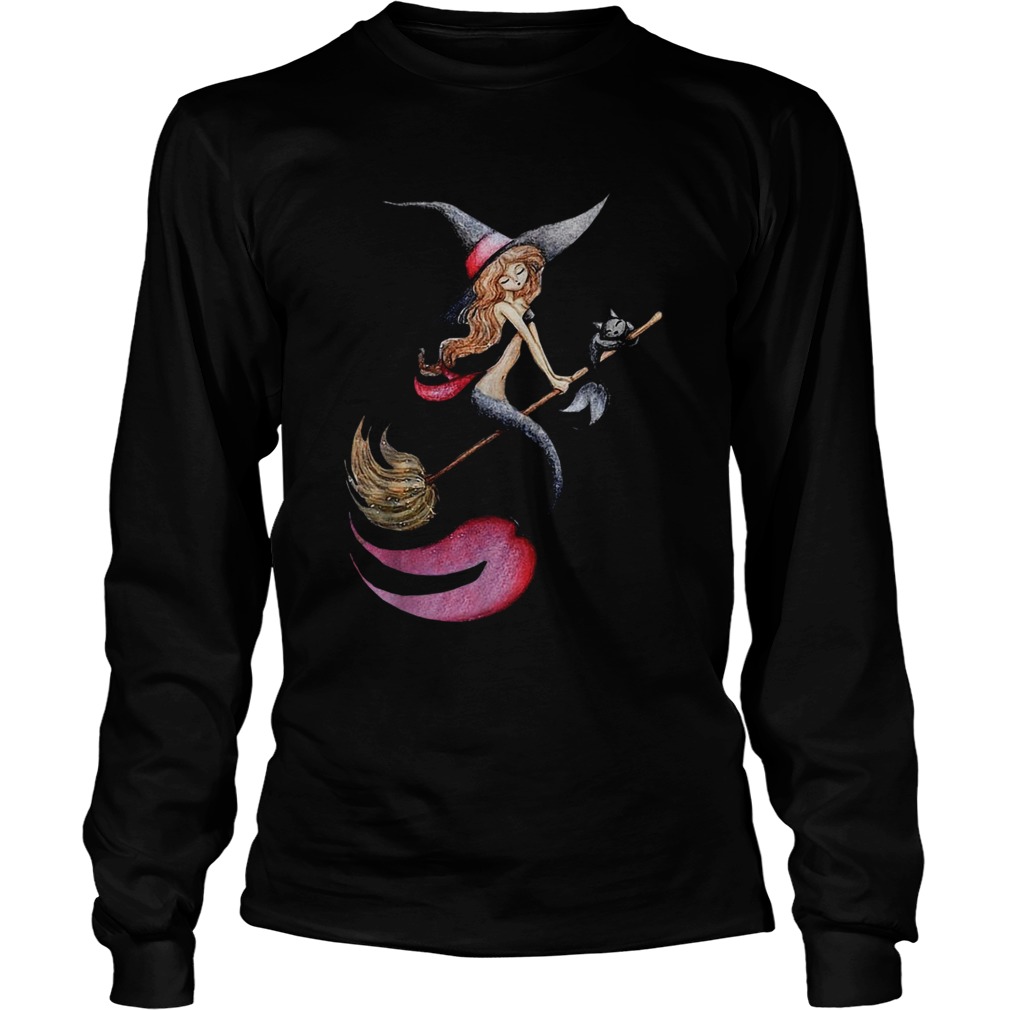 Halloween Witch Mermaid Is Riding A Broom WIth Her Cat Long Sleeve