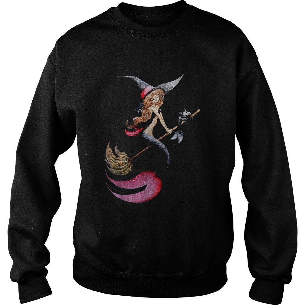Halloween Witch Mermaid Is Riding A Broom WIth Her Cat Sweatshirt