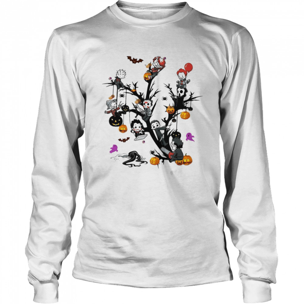 Horror Movie Characters And Pumpkin Tree Halloween Long Sleeved T-shirt