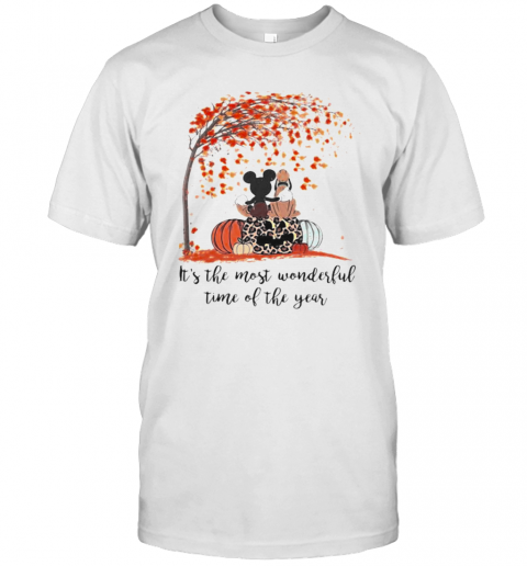 Mickey Mouse And Pluto It'S The Most Wonderful Time Of The Year Leaves Tree Pumpkins Leopard T-Shirt