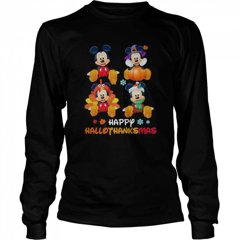 Mickey Mouse Disney Halloween And Merry Christmas Happy Hallothanksmas Long Sleeved T-shirt