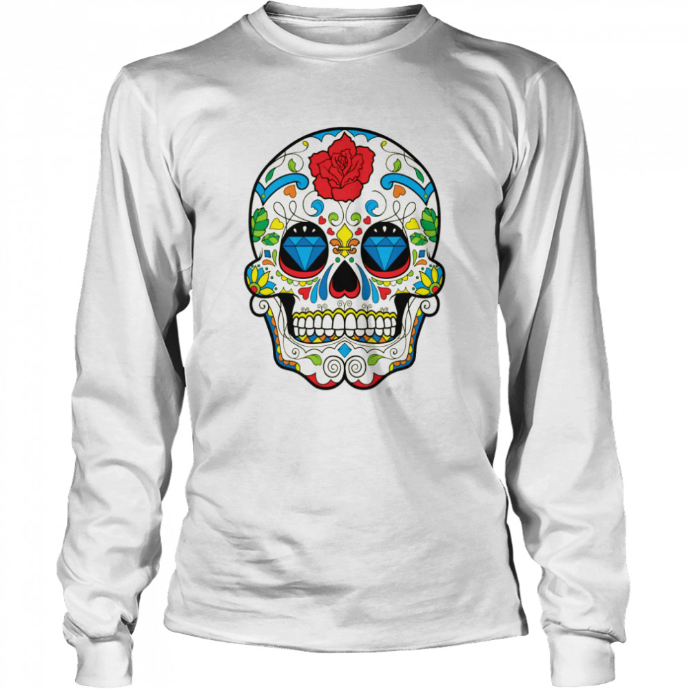 Retro Floral Sugar Skull Day Of The Dead Long Sleeved T-shirt
