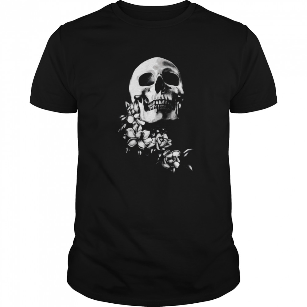 Skull And Magnolia Flowers BW Day Of The Dead shirt