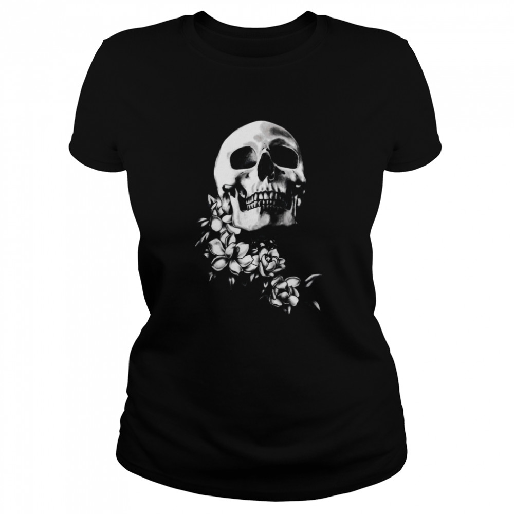 Skull And Magnolia Flowers BW Day Of The Dead Classic Women's T-shirt
