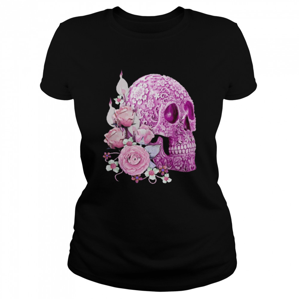 Skull Day Of The Dead Pink Flowers Classic Women's T-shirt