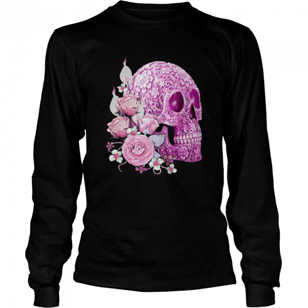 Skull Day Of The Dead Pink Flowers Long Sleeved T-shirt