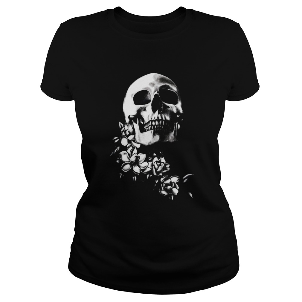 Skull Magnolia Flowers BW Day Of The Dead Classic Ladies