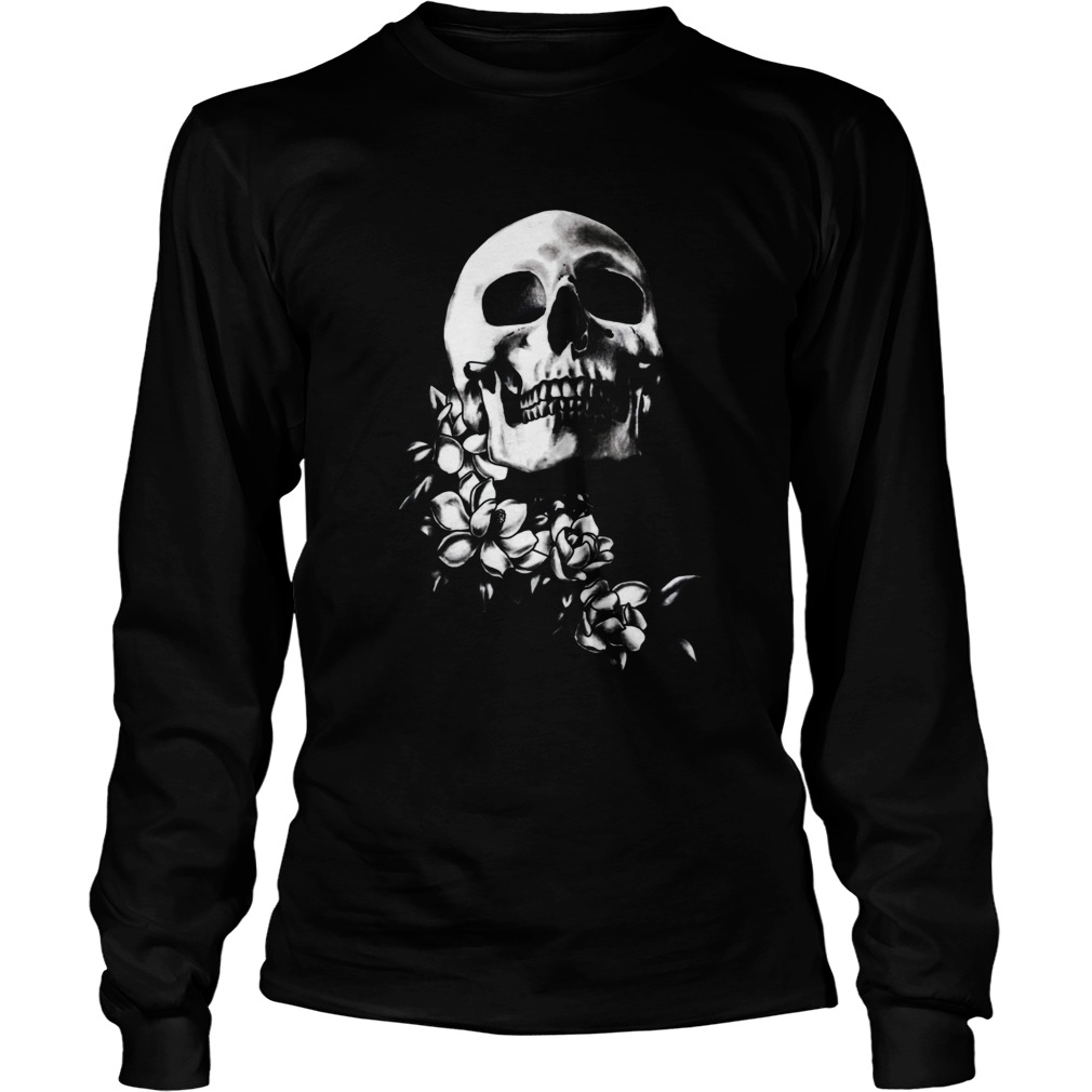 Skull Magnolia Flowers BW Day Of The Dead Long Sleeve