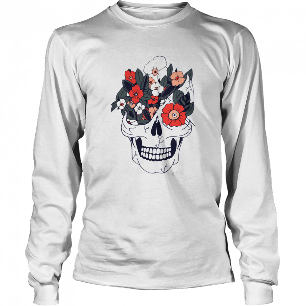 Skulls And Flowers Dia De Muertos Long Sleeved T-shirt