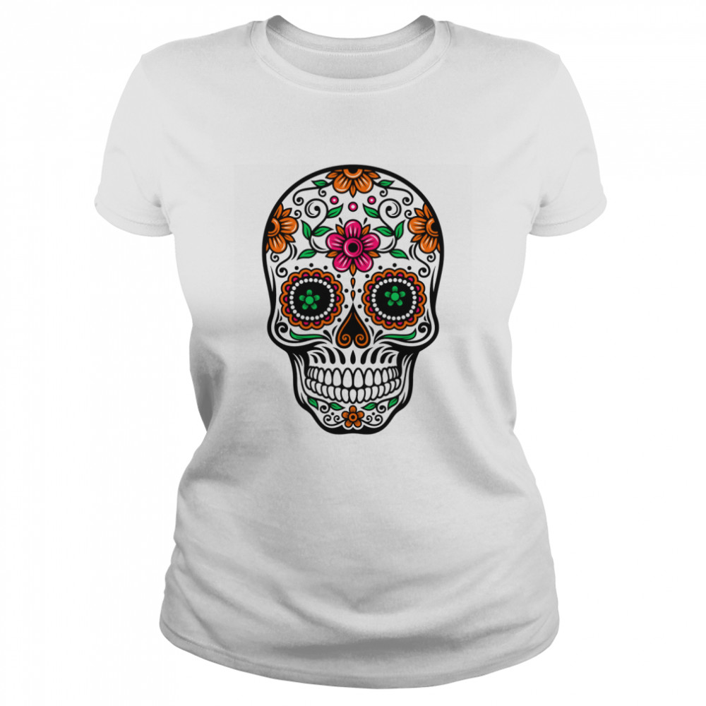Sugar Skull And Retro Flowers Day Of The Dead Classic Women's T-shirt