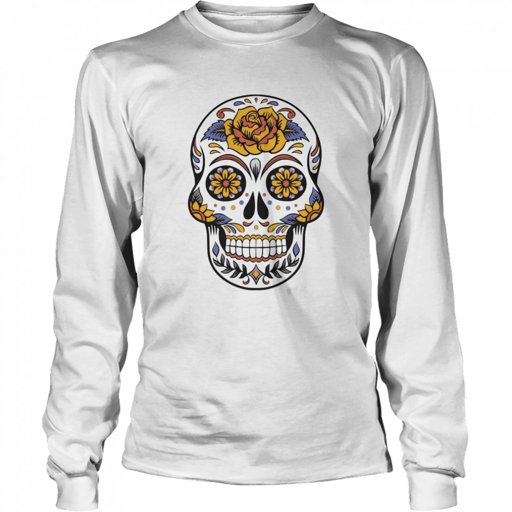 Sugar Skull Flower Day Of Dead Dia De Los Muertos Long Sleeved T-shirt