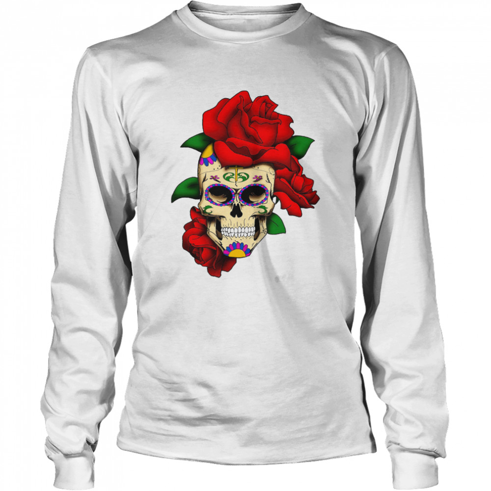 Sugar Skull With Rose Day Of The Dead Dia De Muertos Long Sleeved T-shirt