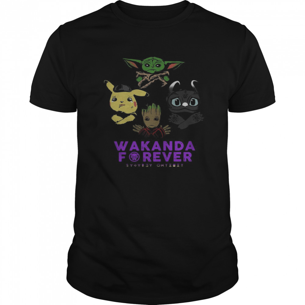 Wakanda Forever Baby Yoda Baby Pokemon Baby Groot and Baby Toothless shirt