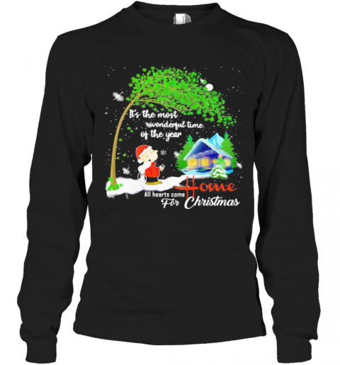Charlie Brown And Snoopy It'S The Most Wonderful Time Of The Year All Hearts Come Home For Christmas T-Shirt Long Sleeved T-shirt 