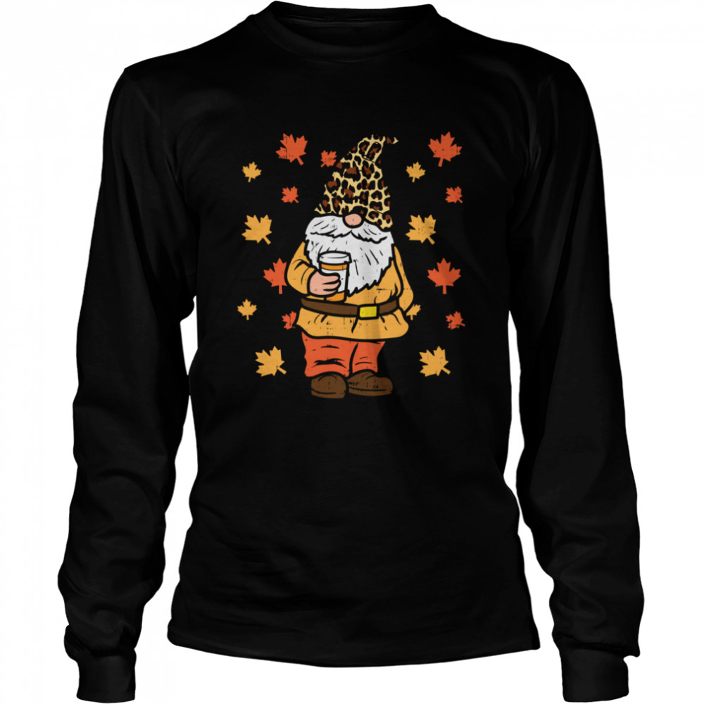 Fall Gnome Coffee Leopard Hat Halloween Thanksgiving Autumn Long Sleeved T-shirt
