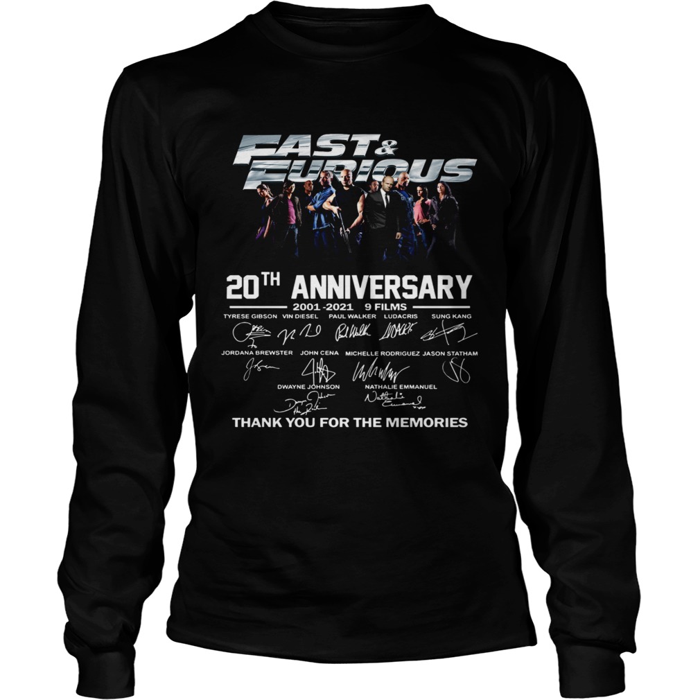 Fast And Furious 20th Anniversary 2001 2012 9 Films Thank You For The Memories Signature Long Sleeve