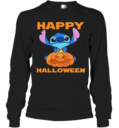Happy Halloween Stitch Hug Pumpkin T-Shirt Long Sleeved T-shirt 