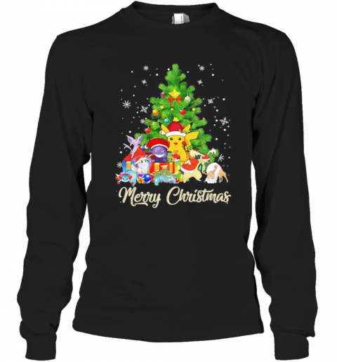 Pikachu Cartoon Merry Christmas Tree T-Shirt Long Sleeved T-shirt 