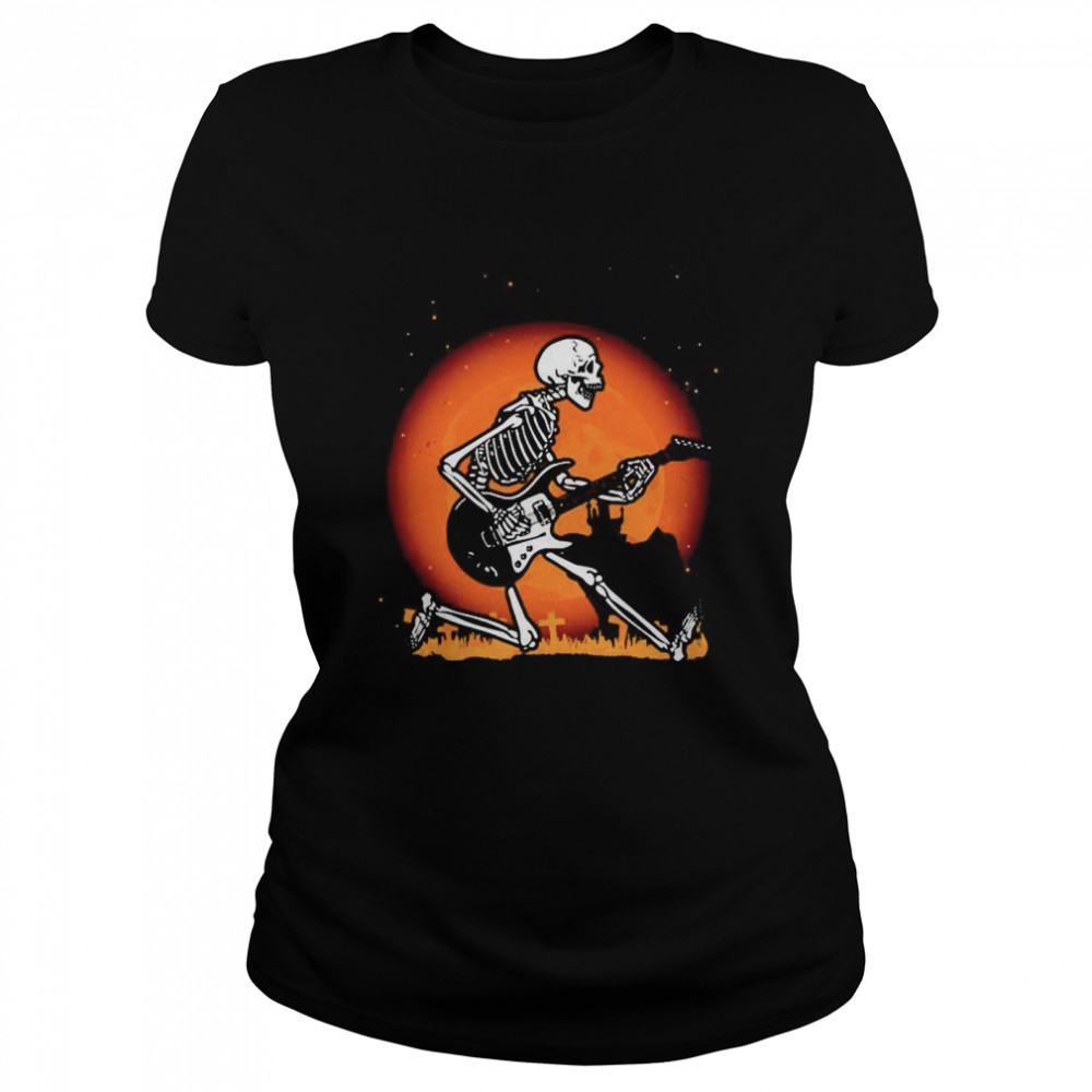 Skull playing guitar under moon Halloween Classic Women's T-shirt