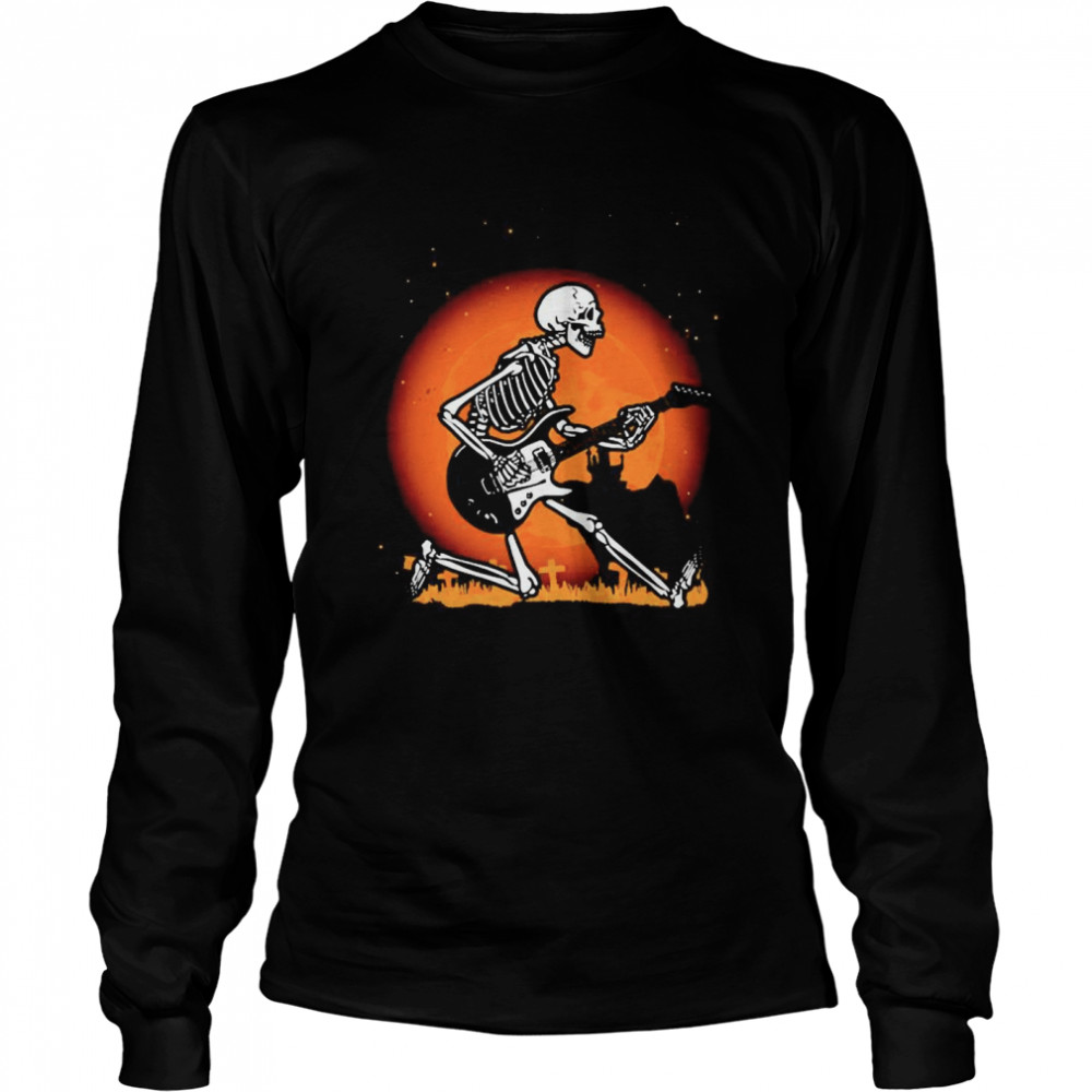 Skull playing guitar under moon Halloween Long Sleeved T-shirt