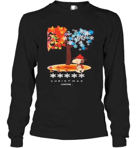 Snoopy And Woodstock Fall Leaves Snowflakes Tree Merry Christmas Loading T-Shirt Long Sleeved T-shirt 
