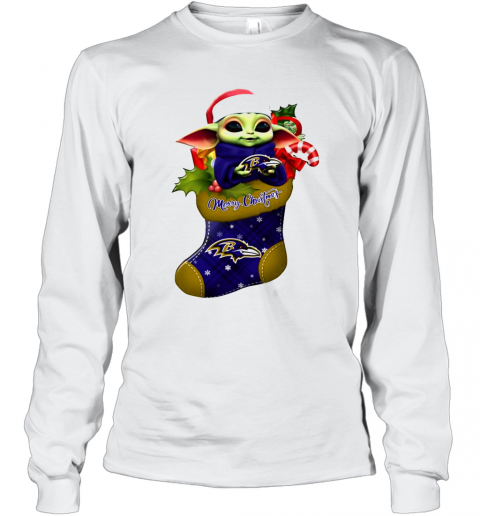 Baby Yoda Hug Baltimore Ravens Ornament Merry Christmas 2020 T-Shirt Long Sleeved T-shirt 