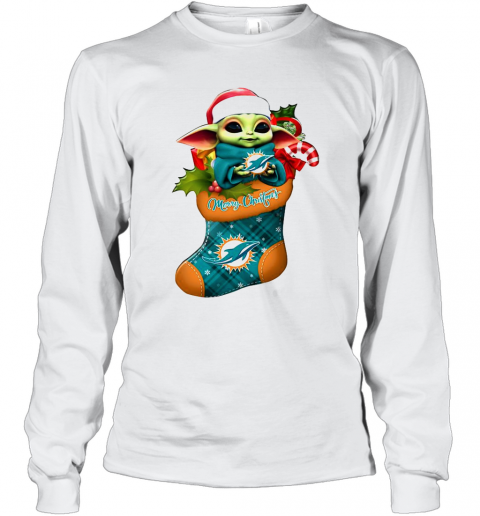 Baby Yoda Hug Miami Dolphins Ornament Merry Christmas 2020 T-Shirt Long Sleeved T-shirt 
