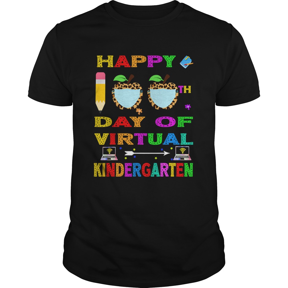 Happy 100th Days Of Virtual Kindergarten Teacher Apple Leopard Wear Mask Computer shirt