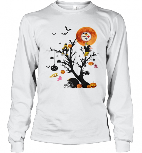 Happy Halloween Tree Pittsburgh Steelers Moon T-Shirt Long Sleeved T-shirt 