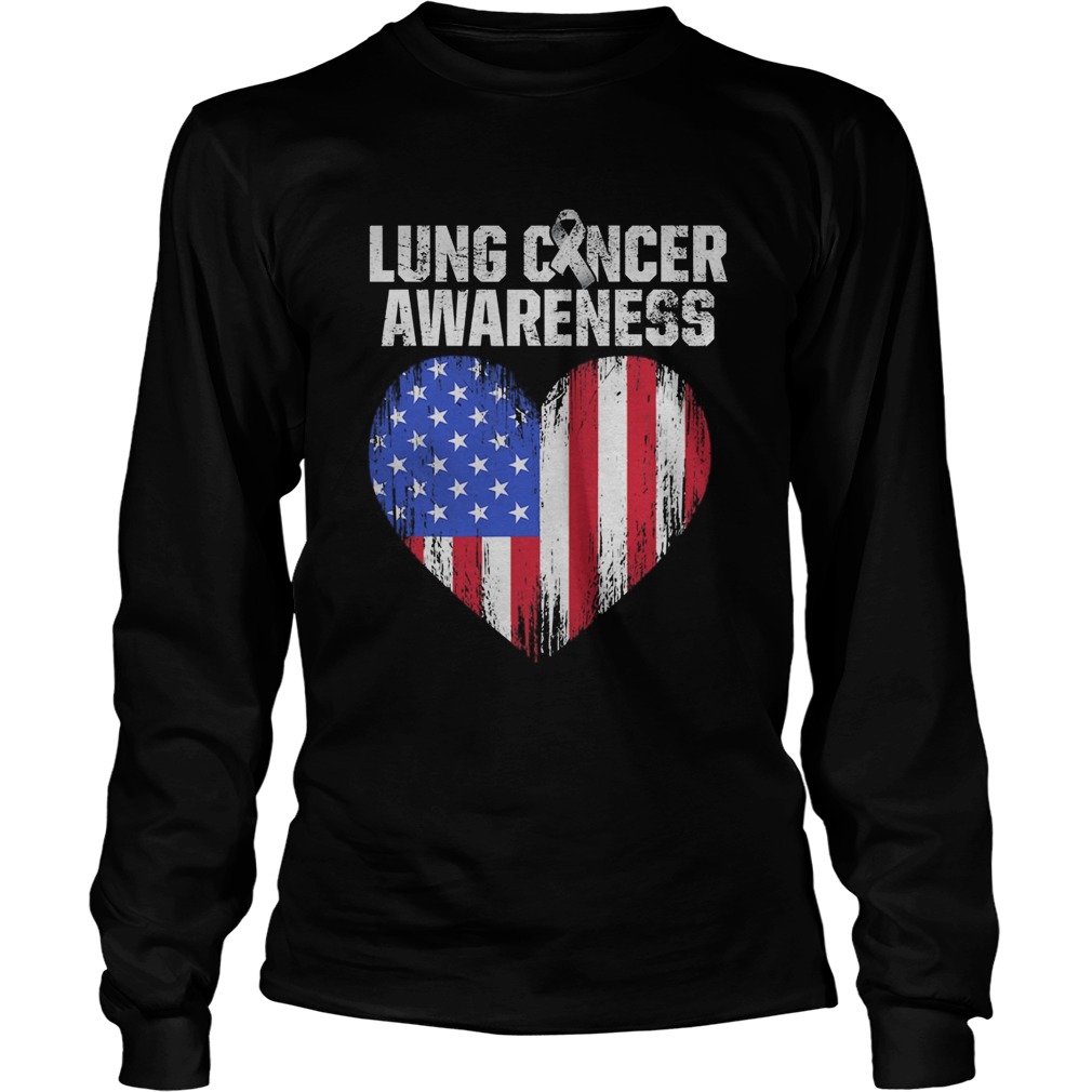 Lung Cancer Awareness Heart American Flag Long Sleeve