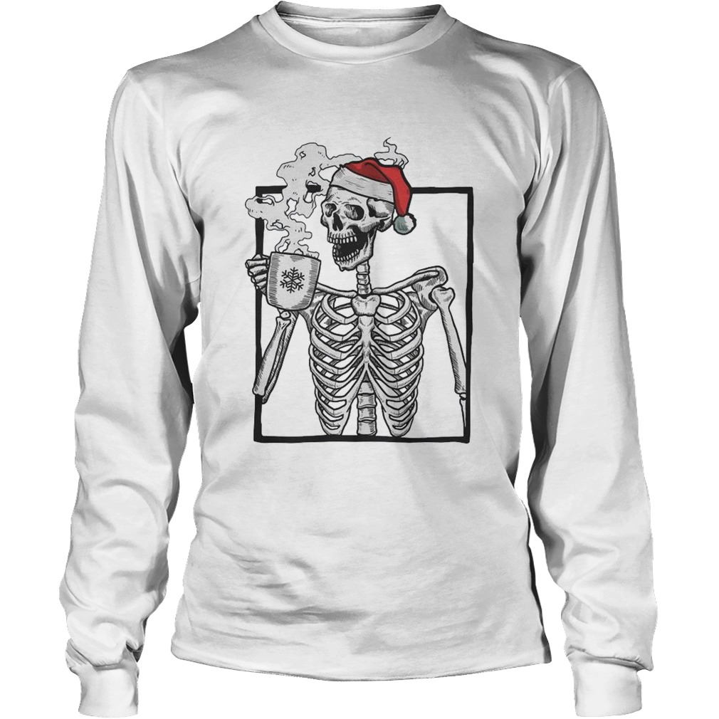 Santa Skeleton Drinking Coffee Merry Christmas Long Sleeve