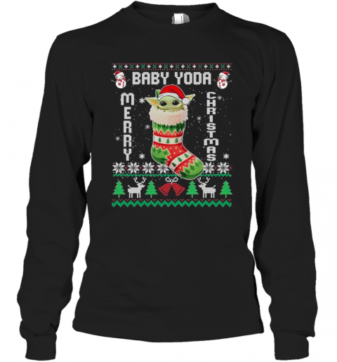 Baby Yoda In The Sock Merry Christmas Ugly T-Shirt Long Sleeved T-shirt 